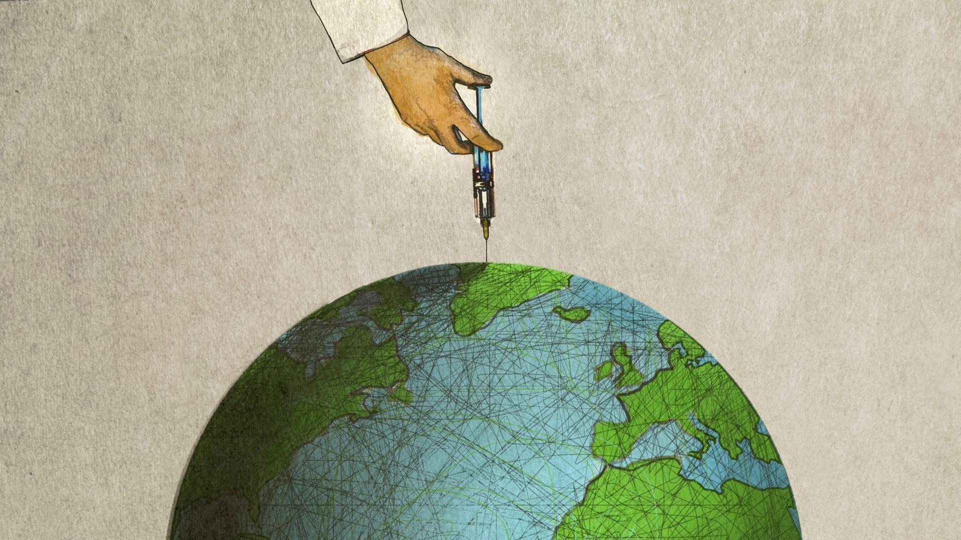 Illustration: Eine Hand mit Spritze injiziert in den Globus. Illustration: Eine Hand mit Spritze injiziert in den Globus.