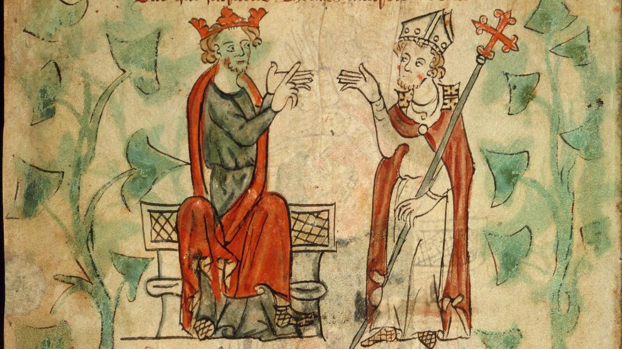 Eine zeitgenössische Darstellung König Heinrichs II. und Thomas Beckets in einer englischen Chronik Eine zeitgenössische Darstellung König Heinrichs II. und Thomas Beckets in einer englischen Chronik