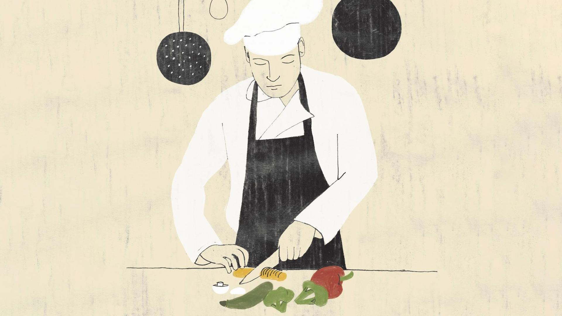 Illustration eines Kochs beim Gemüseschneiden. Illustration eines Kochs beim Gemüseschneiden.