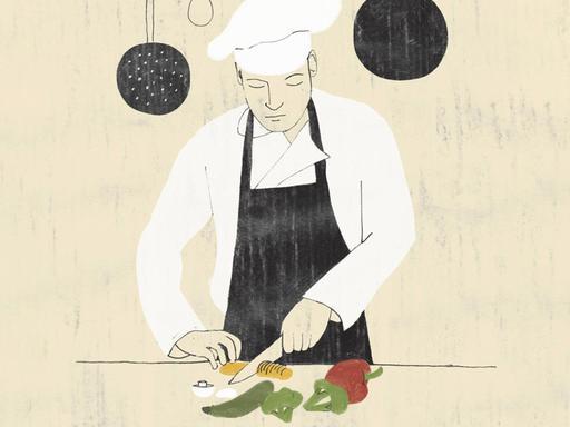 Illustration eines Kochs beim Gemüseschneiden.