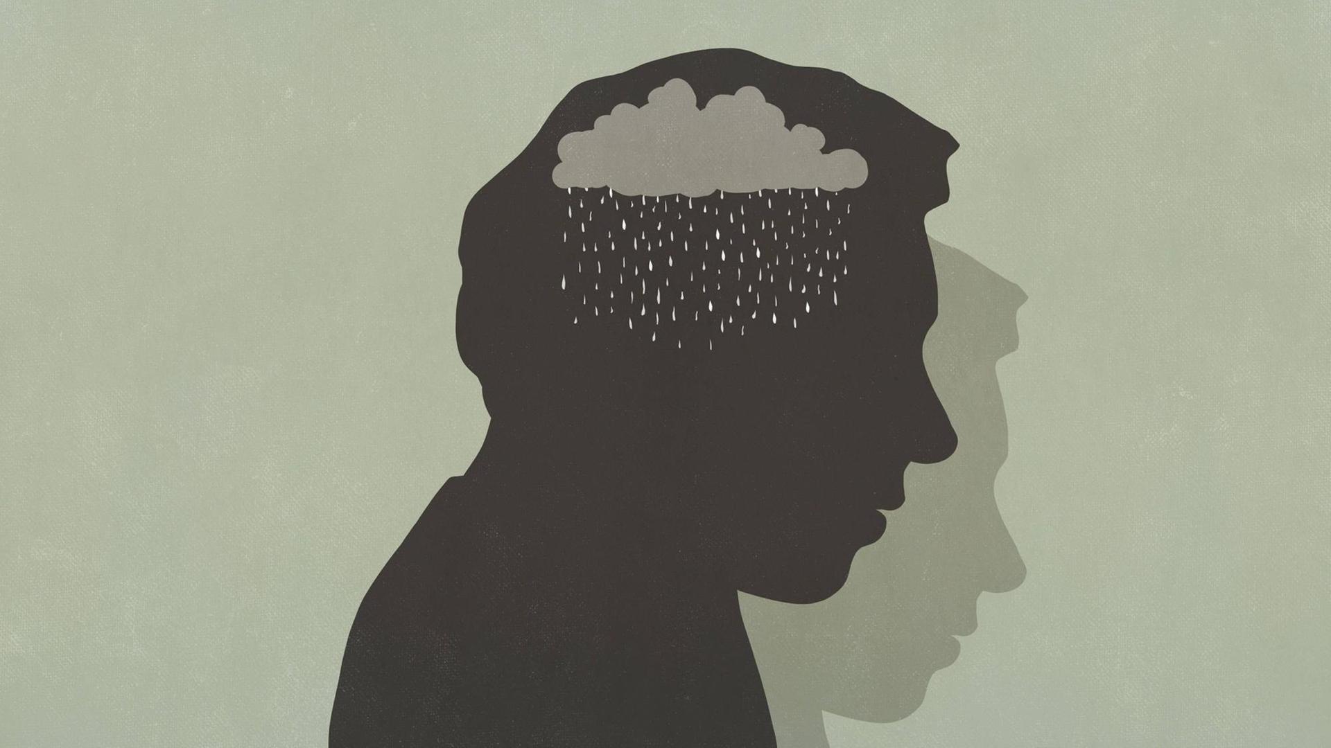 Silhouette einer Person in deren Kopf sich eine Regenwolke abzeichnet (Illustration) Silhouette einer Person in deren Kopf sich eine Regenwolke abzeichnet (Illustration)
