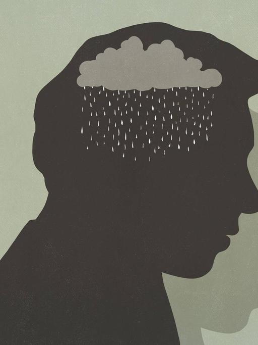 Silhouette einer Person in deren Kopf sich eine Regenwolke abzeichnet (Illustration)