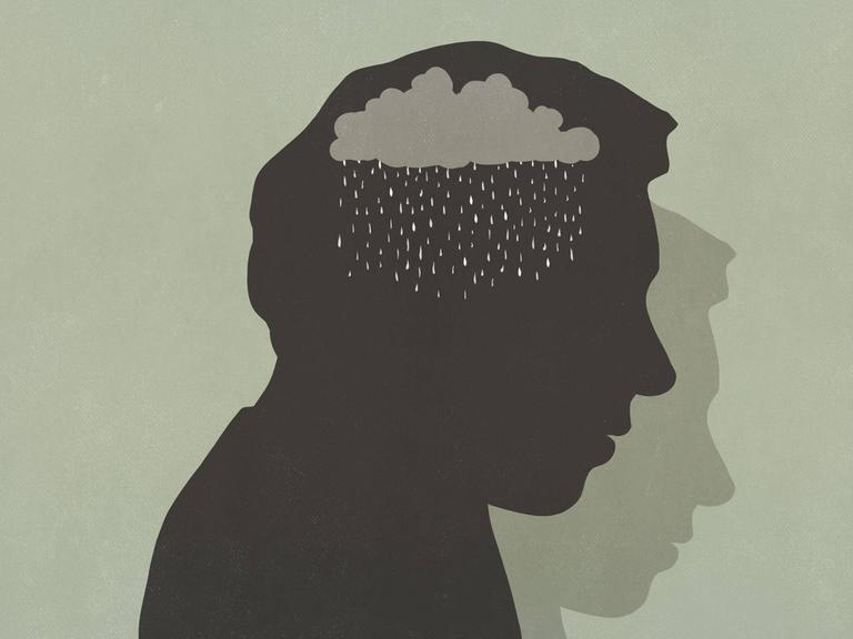 Silhouette einer Person in deren Kopf sich eine Regenwolke abzeichnet (Illustration)