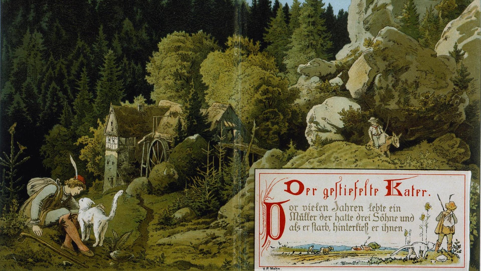 Farblithographie zu "Der gestiefelte Kater" von Viktor Paul Mohn aus dem Jahr 1882. Aus: Märchen-Strauss für Kind und Haus Farblithographie zu "Der gestiefelte Kater" von Viktor Paul Mohn aus dem Jahr 1882. Aus: Märchen-Strauss für Kind und Haus