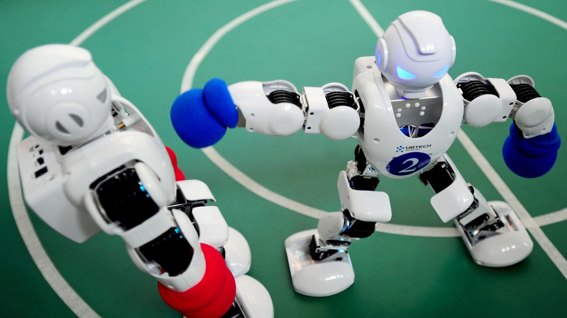 Boxende Roboter auf einer Messe in Sheyang, China am 1.9.2015. Boxende Roboter auf einer Messe in Sheyang, China am 1.9.2015.