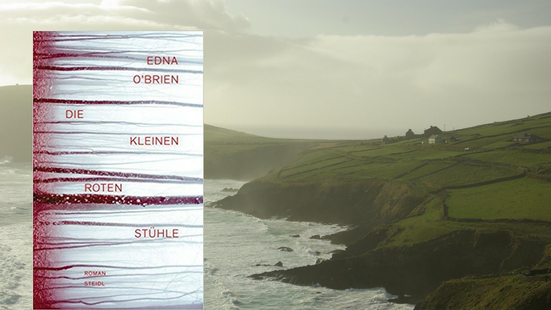 Das Cover des Buches "Die kleinen roten Stühle" vor einer irischen Küstenlandschaft Das Cover des Buches "Die kleinen roten Stühle" vor einer irischen Küstenlandschaft
