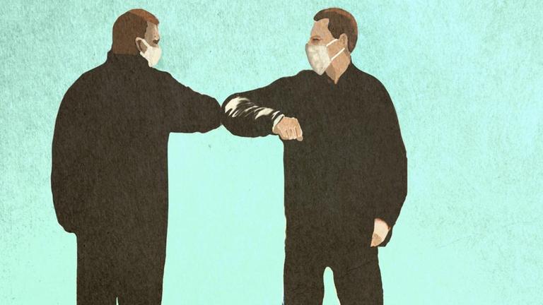 Illustration: Männer mit Masken treffen sich und machen Elbow Bump Illustration: Männer mit Masken treffen sich und machen Elbow Bump