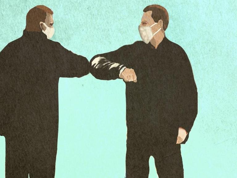Illustration: Männer mit Masken treffen sich und machen Elbow Bump