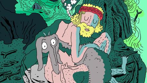 Cover des Comics "Der Berg der nackten Wahrheiten" mit einem gezeichneten nackten Mann und seiner nur am Hinterteil kahl geschorenen Ziege in der Natur.
