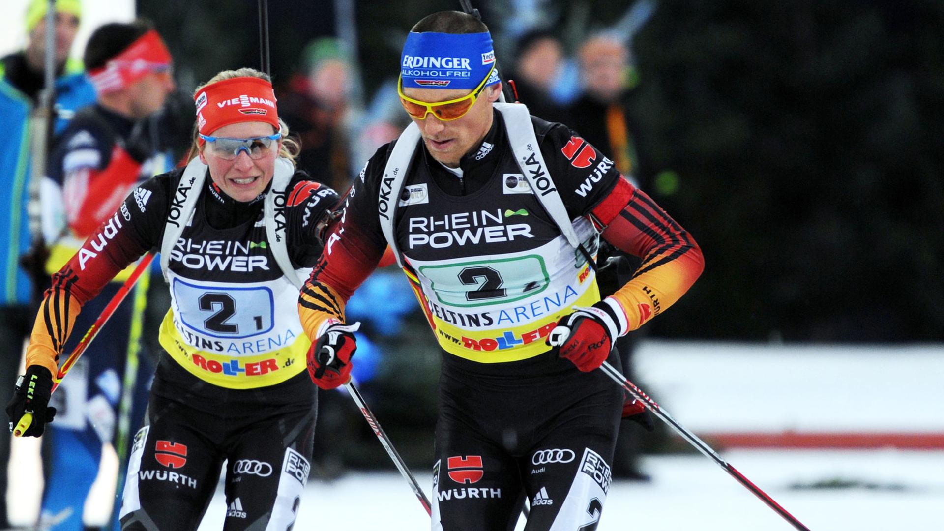 Die deutschen Biathleten Franziska Hildebrand und Erik Lesser fahren am 27.12.2014 bei der 13. Biathlon-World-Team-Challenge (WTC) in der Veltins-Arena in Gelsenkirchen (Nordrhein-Westfalen). Erneut treten beim WTC auf Schalke zehn gemischte Zweierteams aus verschiedenen Nationen an. Die deutschen Biathleten Franziska Hildebrand und Erik Lesser fahren am 27.12.2014 bei der 13. Biathlon-World-Team-Challenge (WTC) in der Veltins-Arena in Gelsenkirchen (Nordrhein-Westfalen). Erneut treten beim WTC auf Schalke zehn gemischte Zweierteams aus verschiedenen Nationen an.