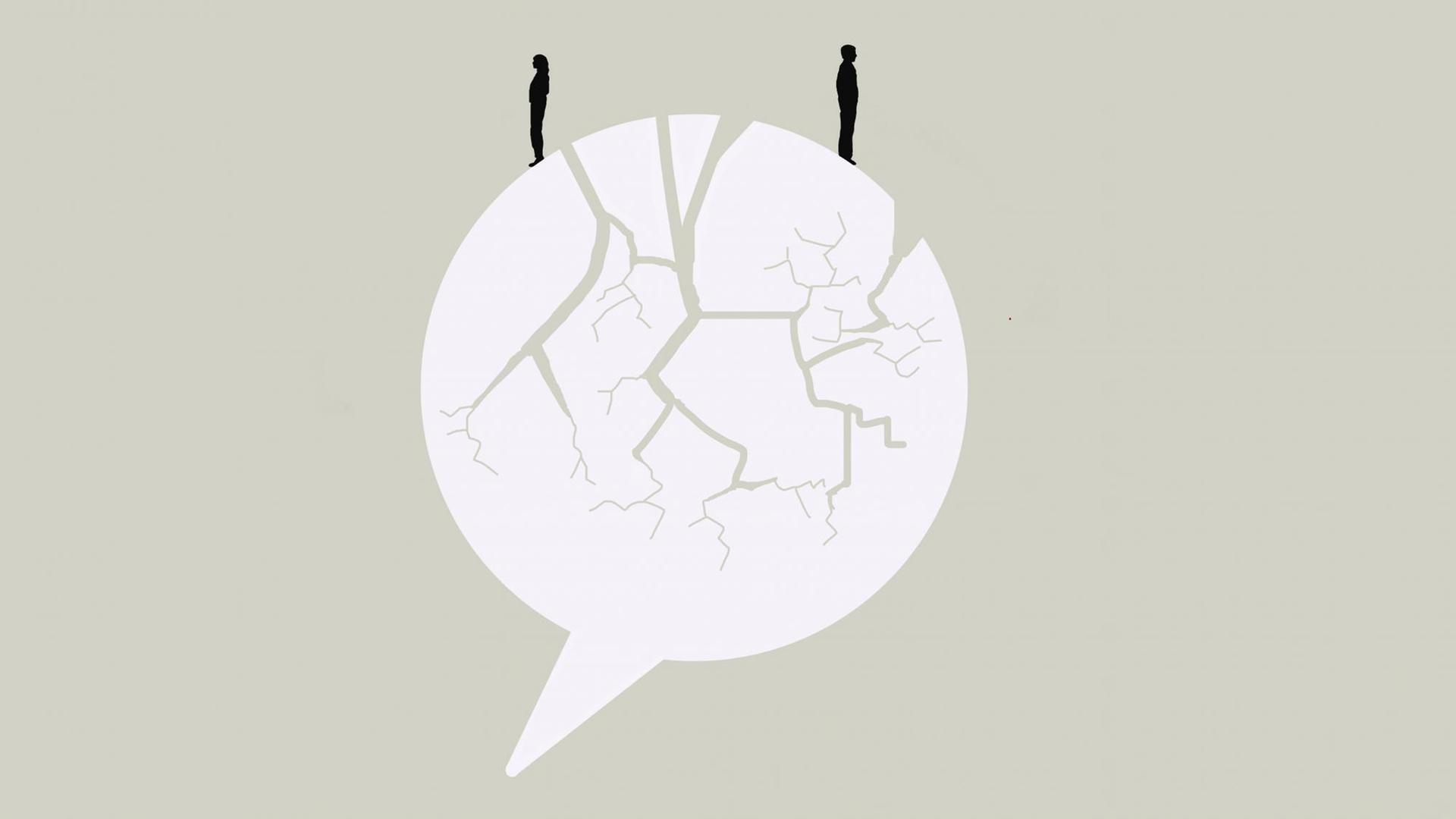 Illustration von zwei Menschen die mit dem Rücken zueinander gewandt auf einer zerissenen Sprechblase stehen Illustration von zwei Menschen die mit dem Rücken zueinander gewandt auf einer zerissenen Sprechblase stehen