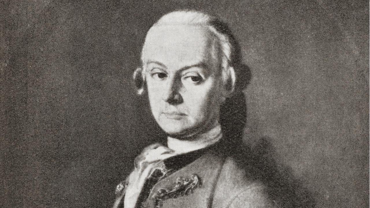 Ein schwarzweiß Porträt zeigt den Komponisten Johann Georg Leopold Mozart. Ein schwarzweiß Porträt zeigt den Komponisten Johann Georg Leopold Mozart.