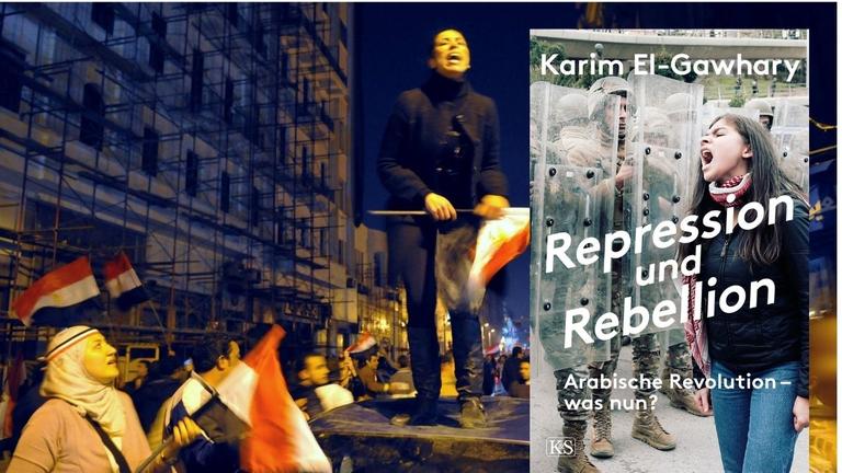 Hintergrundbild: Anti-Mubarak-Protestierende auf dem Tahir-Platz in Kairo in Ägypten - eine Frau steht auf einem Auto, sie hält eine ägyptische Flagge in der Hand und ruft in die Menschenmenge, aufgenommen am 11. Februar 2011 Vordergrund: Buchcover Hintergrundbild: Anti-Mubarak-Protestierende auf dem Tahir-Platz in Kairo in Ägypten - eine Frau steht auf einem Auto, sie hält eine ägyptische Flagge in der Hand und ruft in die Menschenmenge, aufgenommen am 11. Februar 2011 Vordergrund: Buchcover