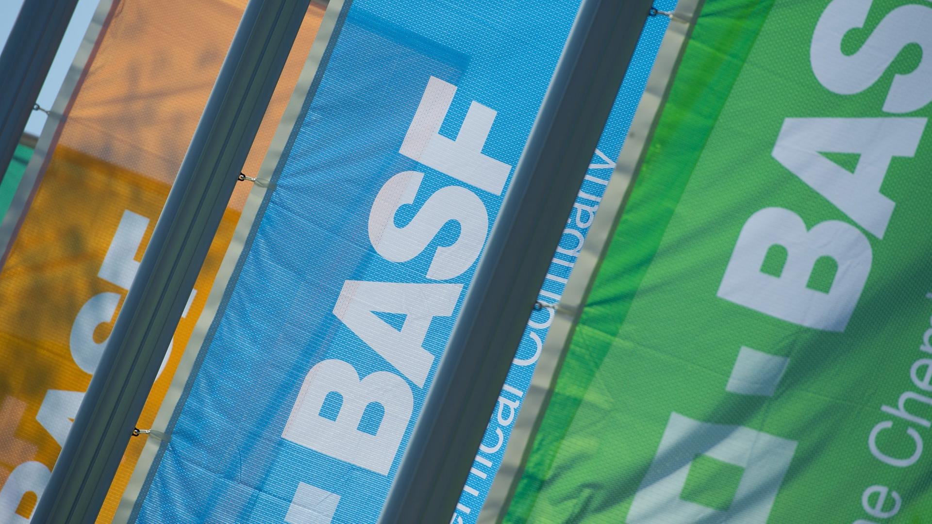 Fahnen mit der Aufschrift BASF in Ludwigshafen vor dem Werksgelände des Chemiekonzerns BASF