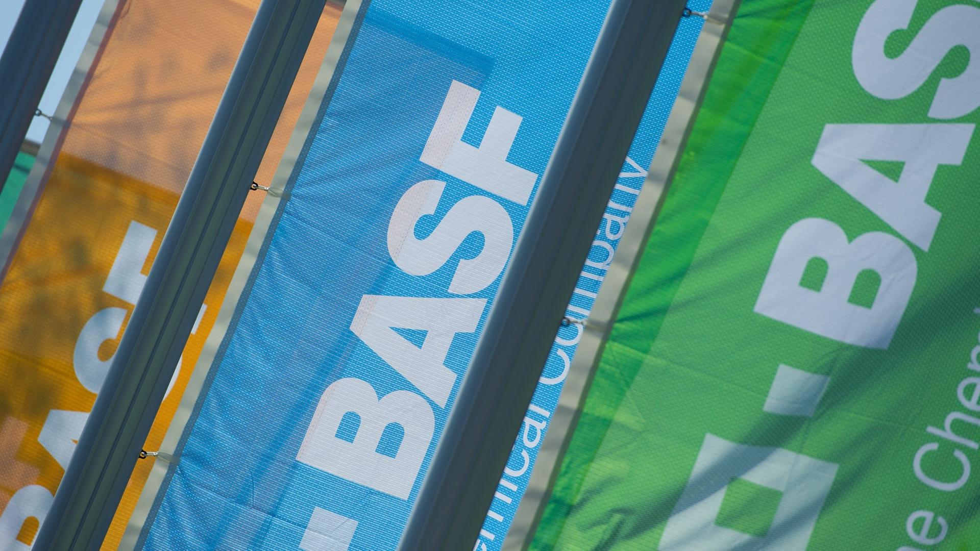 Fahnen mit der Aufschrift BASF in Ludwigshafen vor dem Werksgelände des Chemiekonzerns BASF Fahnen mit der Aufschrift BASF in Ludwigshafen vor dem Werksgelände des Chemiekonzerns BASF