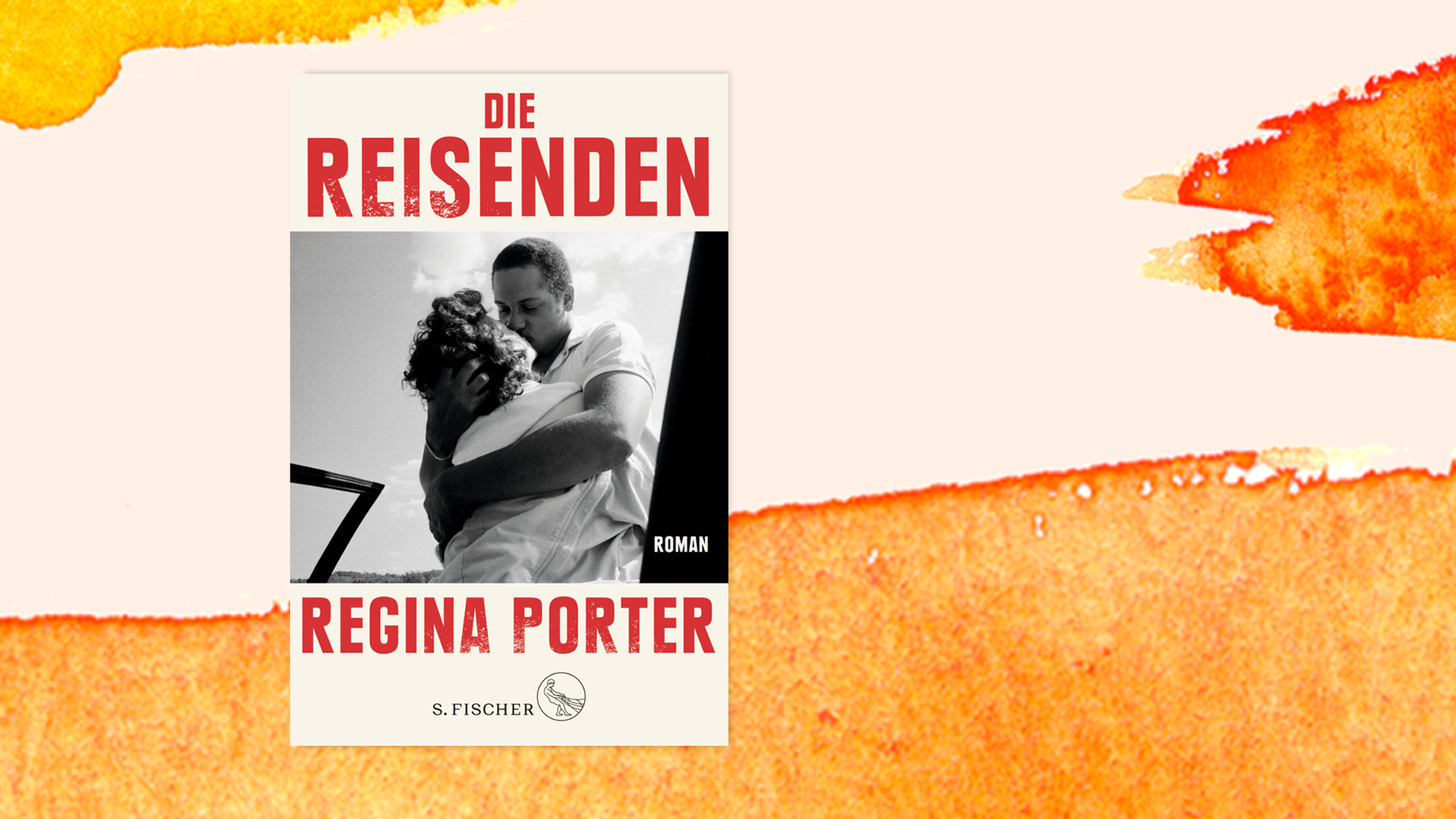 Buchcover von "Die Reisenden" vor orangefarbenem Aquarellhintergrund. Buchcover von "Die Reisenden" vor orangefarbenem Aquarellhintergrund.