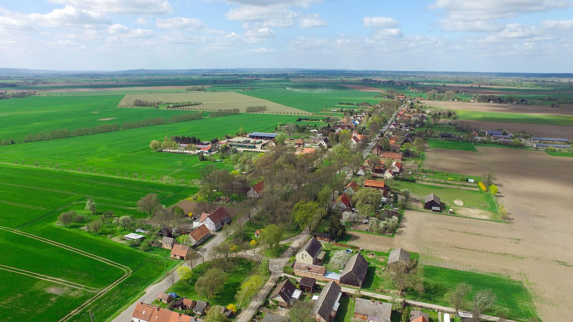 Eine Dorfansicht von Neulietzegöricke im Oderbruch (Brandenburg), fotografiert am 20.04.2016 als Luftaufnahme mit einer Drohne Eine Dorfansicht von Neulietzegöricke im Oderbruch (Brandenburg), fotografiert am 20.04.2016 als Luftaufnahme mit einer Drohne