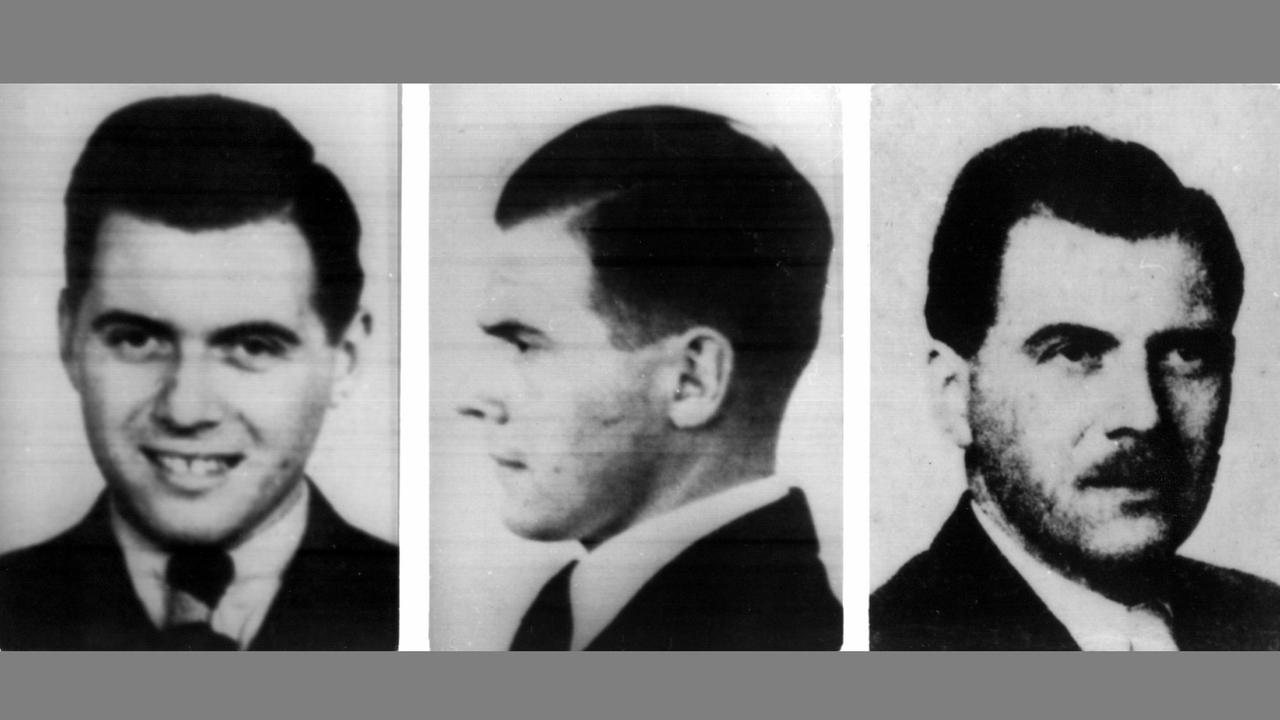 Porträtaufnahmen des gesuchten KZ-Arztes Josef Mengele. Die Aufnahmen links und Mitte sind aus dem Jahr 1938, die Aufnahme rechts aus dem Jahr 1956. Porträtaufnahmen des gesuchten KZ-Arztes Josef Mengele. Die Aufnahmen links und Mitte sind aus dem Jahr 1938, die Aufnahme rechts aus dem Jahr 1956.