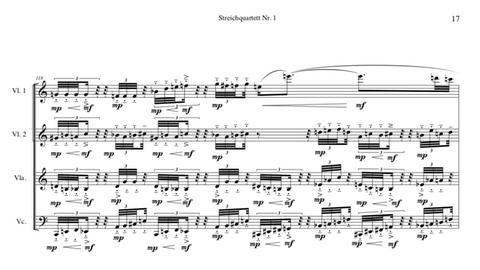 Ein Partiturausschnitt aus Jörg Mainkas Streichquartett Nr. 1