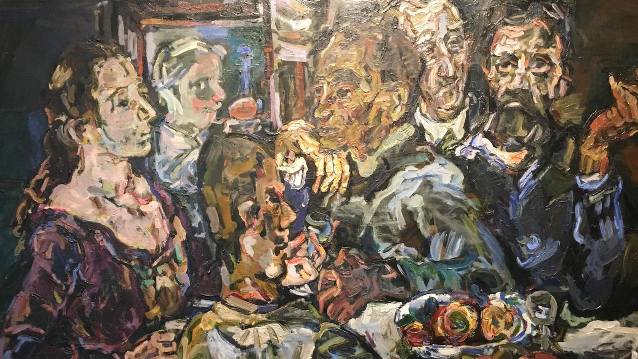 Das Gemälde "Die Freunde" von Oskar Kokoschka ist in Nahaufnahme zu sehen. Darauf sind die Schauspielerin Käthe Richter, den Dichtern Walther Hasenclever und Iwar von Lücken sowie dem Arzt Fritz Neuberger sowie Kokschka selbet von hinten im expressionistischen Stil zu sehen. Das Gemälde "Die Freunde" von Oskar Kokoschka ist in Nahaufnahme zu sehen. Darauf sind die Schauspielerin Käthe Richter, den Dichtern Walther Hasenclever und Iwar von Lücken sowie dem Arzt Fritz Neuberger sowie Kokschka selbet von hinten im expressionistischen Stil zu sehen.