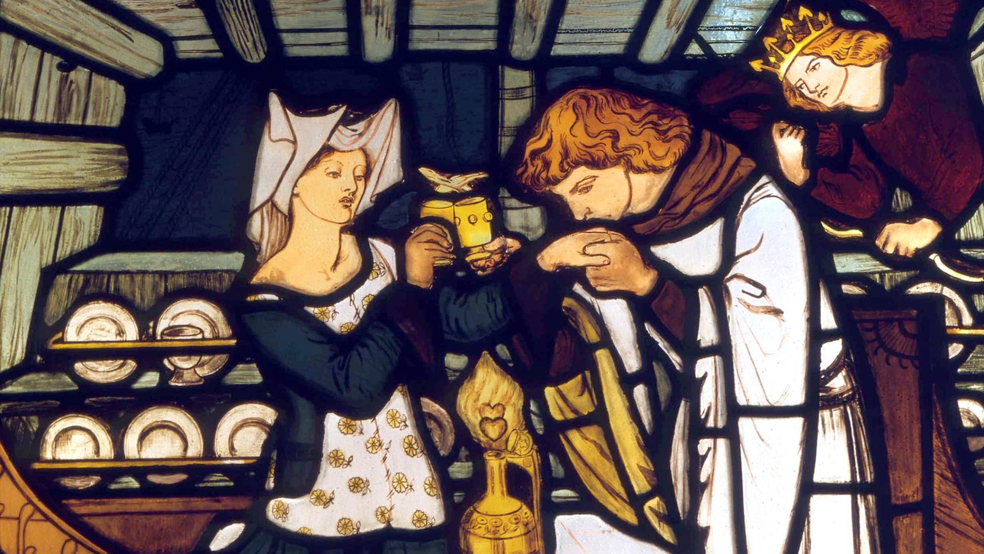 Tristan und Isolde: Die Szene mit dem Liebestrank, der eigentlich für König Mark bestimmt war, dargestellt auf einem Glasfenster des Designers Dante G. William Morris in Yorkshire, aufgenommen am 1.1.2011. Tristan und Isolde: Die Szene mit dem Liebestrank, der eigentlich für König Mark bestimmt war, dargestellt auf einem Glasfenster des Designers Dante G. William Morris in Yorkshire, aufgenommen am 1.1.2011.