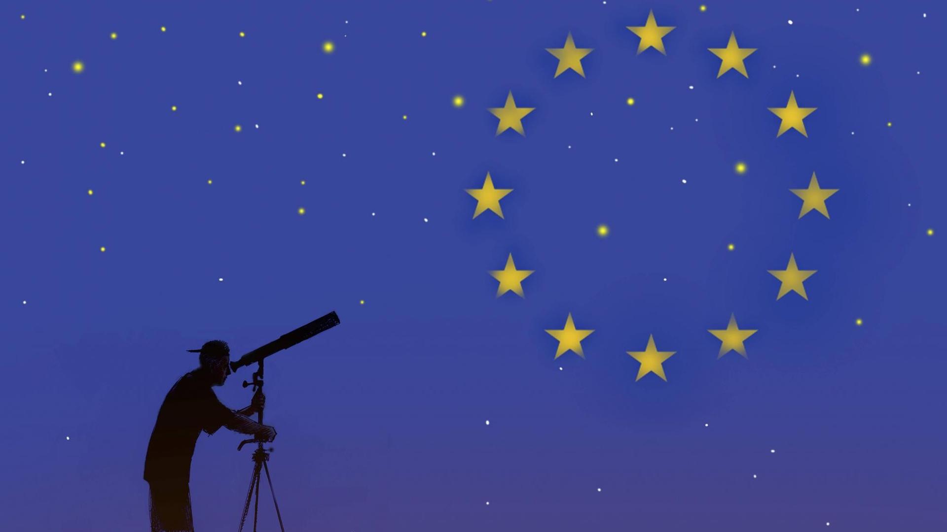 Illustration: ein Mann schaut durch ein Fernrohr auf die EU-Flagge am Nachthimmel. Illustration: ein Mann schaut durch ein Fernrohr auf die EU-Flagge am Nachthimmel.