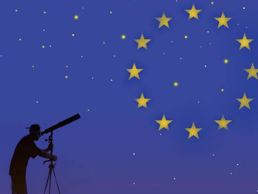 Illustration: ein Mann schaut durch ein Fernrohr auf die EU-Flagge am Nachthimmel.