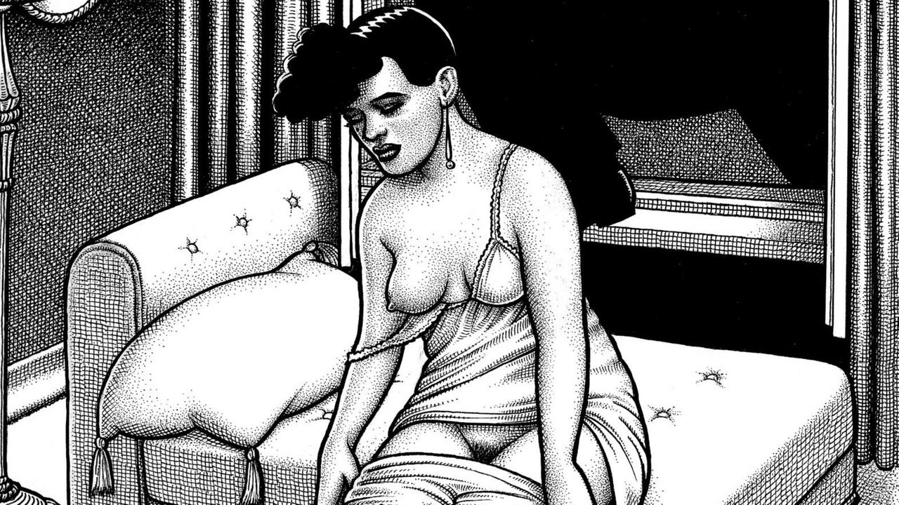 Eine Frau entkleidet sich auf einem Bett. Hinter ihr steigt ein Mann mit einem Strick durchs Fenster. Eine Frau entkleidet sich auf einem Bett. Hinter ihr steigt ein Mann mit einem Strick durchs Fenster.
