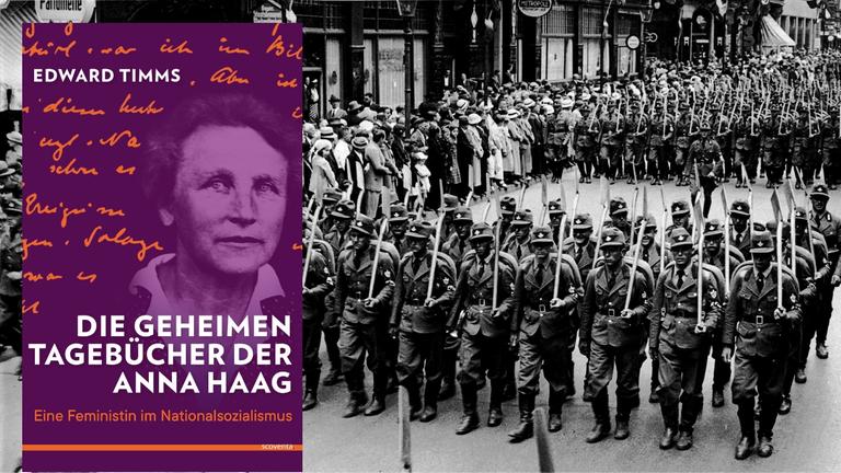 Hintergrund: Bild auf einer Propaganda-Postkarte des Reichsarbeitsdienstes der Nazis von 1938 Vordergrund: Buchcover