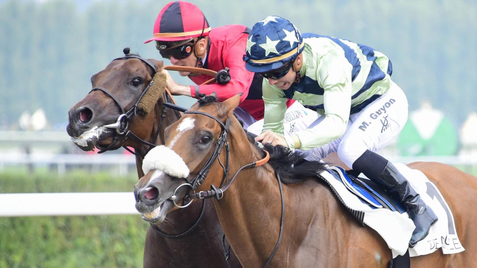 Die Jockeys Maxime Guyon und Chrstophe Soumillon beim Prix D'Argentan in Deauville Die Jockeys Maxime Guyon und Chrstophe Soumillon beim Prix D'Argentan in Deauville