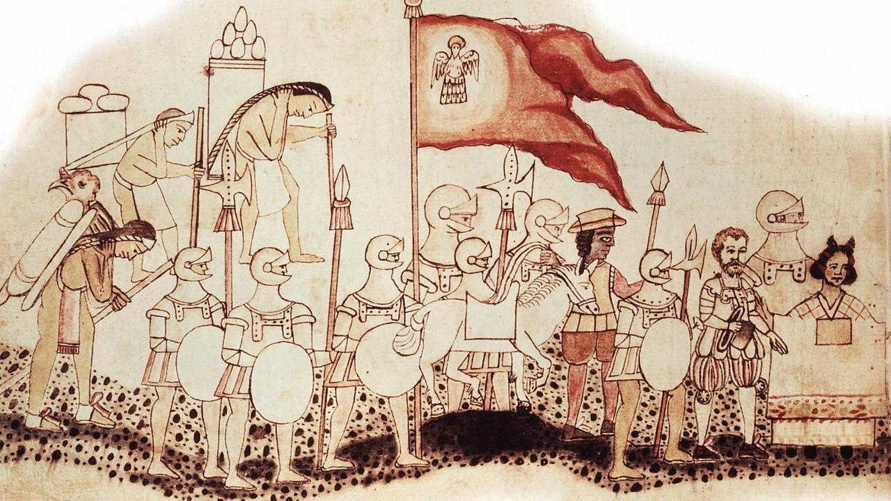 Hernando Cortez (1485-1547) in Mexiko und seine Truppen. An seiner Seite La Malinche, das Bild stammt vermutlich aus dem 16. Jahrhundert. Hernando Cortez (1485-1547) in Mexiko und seine Truppen. An seiner Seite La Malinche, das Bild stammt vermutlich aus dem 16. Jahrhundert.