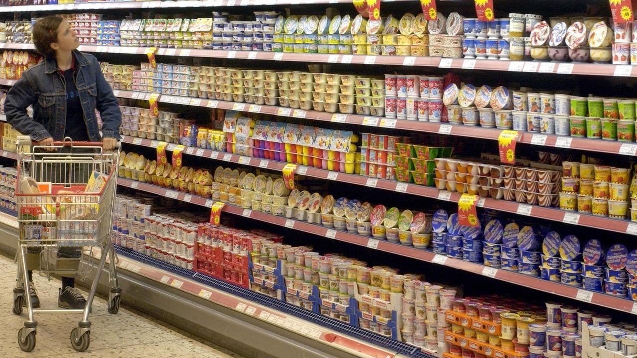 Eine Kunden schaut auf ein Kühlregal in einem Supermarkt Eine Kunden schaut auf ein Kühlregal in einem Supermarkt