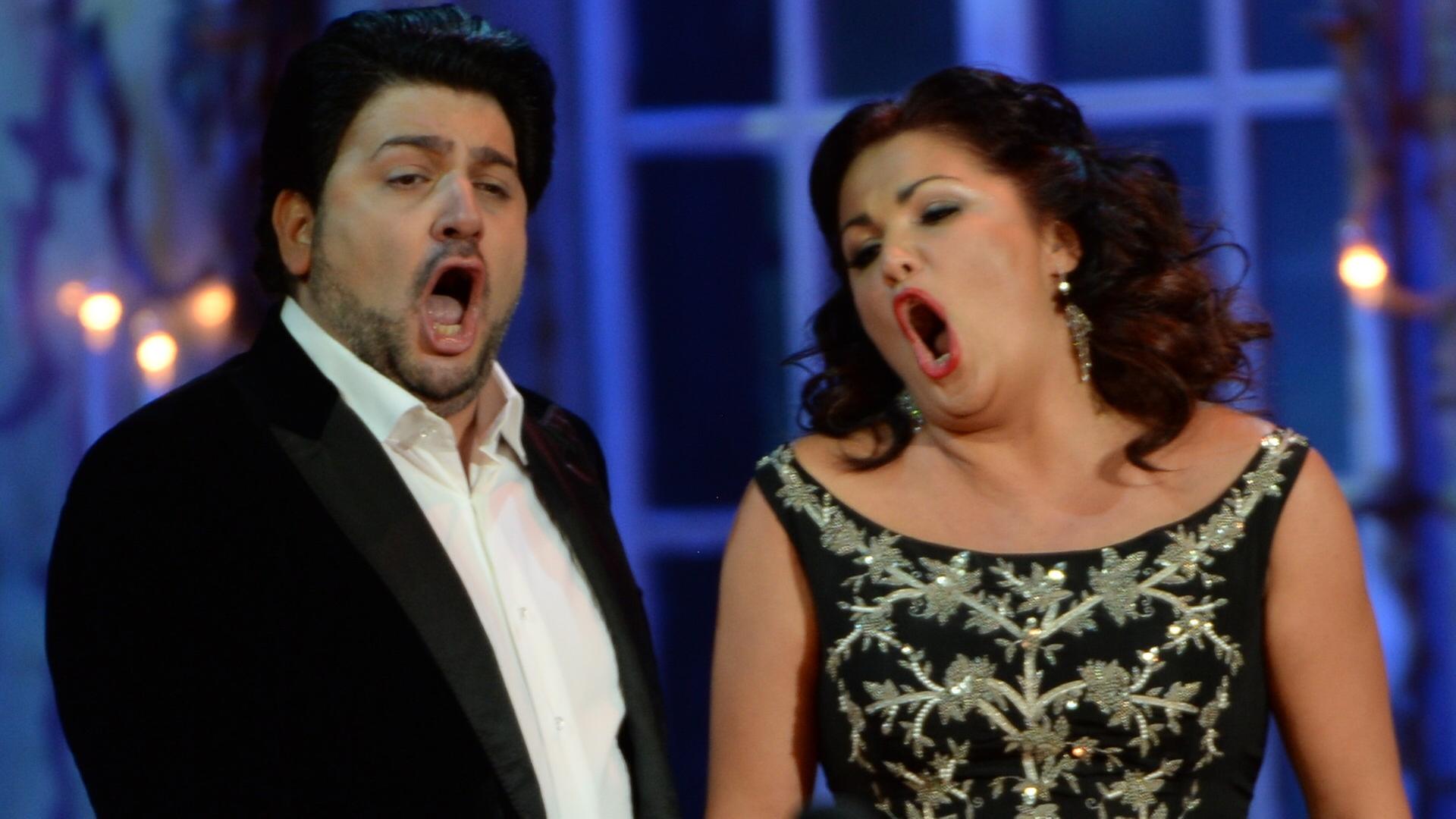 Opera singers Yusif Eivazov and Anna Netrebko perform at the Opera Ball concert dedicated to People's Artist of the USSR Yelena Obraztsova's 75th birthday on october 28th 2014. The concert took place at the State Academic Bolshoi Theatre in Moscow.