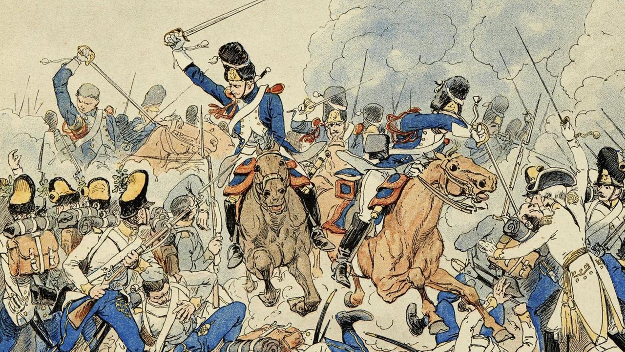 Berittene Pferde galoppieren über Soldaten hinweg. Berittene Pferde galoppieren über Soldaten hinweg.