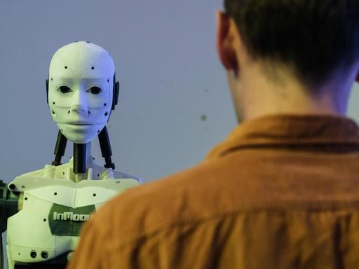 Blick über die Schulter eines Mannes auf einen humanoiden Roboter während der Futurapolis-Messe in Toulouse 2018.