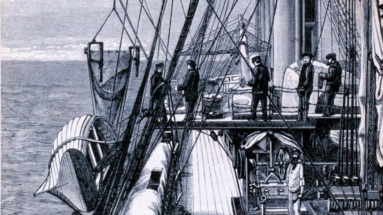 Leben an Bord des Forschungsschiff "Challenger" - Illustration von 1876. Leben an Bord des Forschungsschiff "Challenger" - Illustration von 1876.