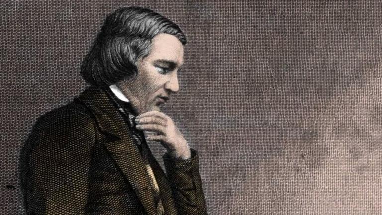 Zeichnung der Komponisten nach einer historischen Fotographie, auf der Schumann nachdenklich wirkt.