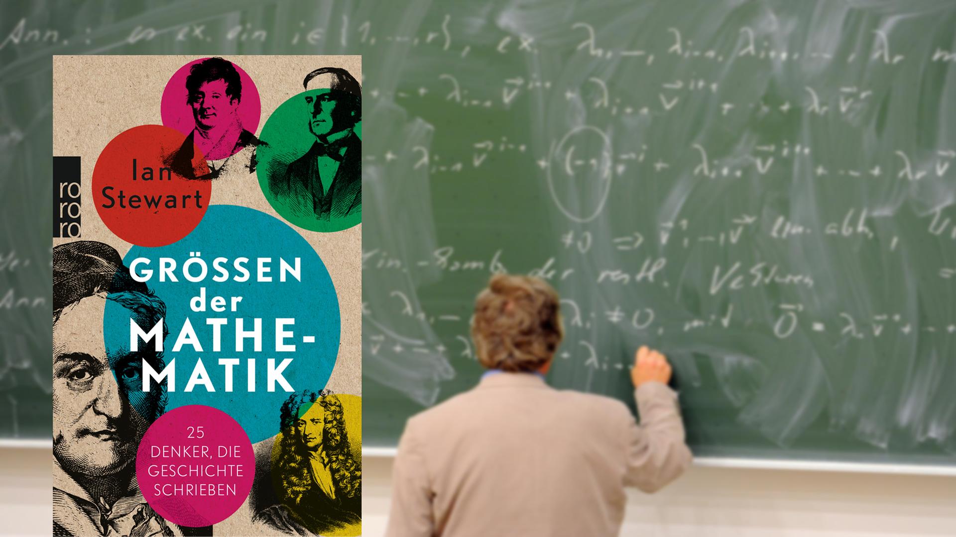 Auf dem Cover des Buches sind verschiedene Mathematiker zu sehen. Im Hintergrund ist ein Mann dargestellt, der Formeln auf eine grüne Tafeln