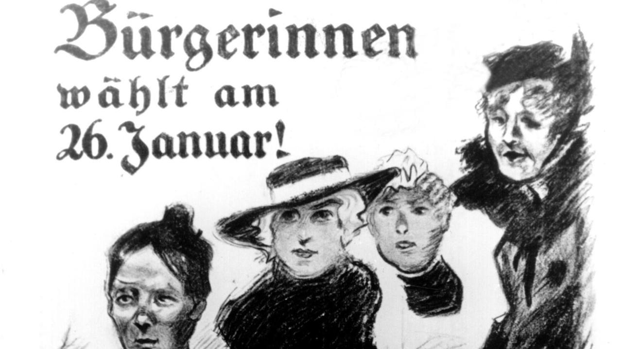 Das Plakat der Deutschen Demokratischen Partei für die Wahlen zur Preußischen Landesversammlung am 26. Januar 1919 fordert explizit die Frauen zur Wahl auf. Das Plakat der Deutschen Demokratischen Partei für die Wahlen zur Preußischen Landesversammlung am 26. Januar 1919 fordert explizit die Frauen zur Wahl auf.