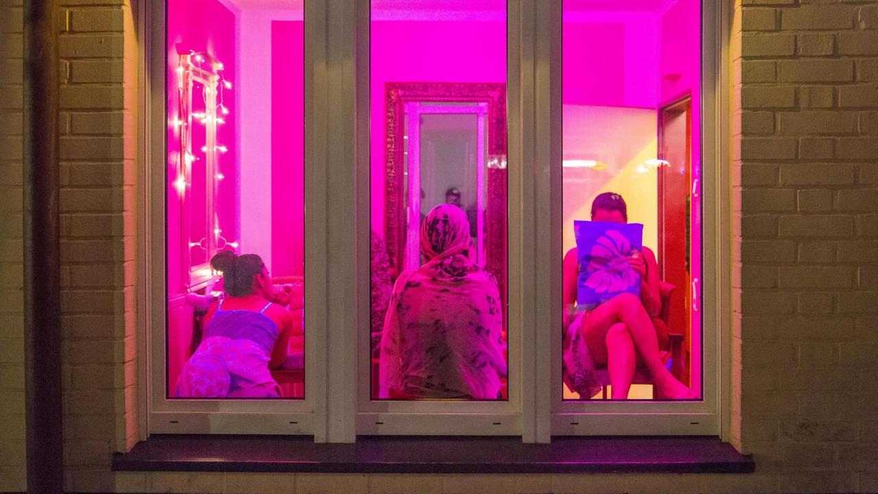 Ein im pinken Licht erleuchtetes Fenster mit drei Silhouetten von Frauen im Rotlichtviertel von Oberhausen Ein im pinken Licht erleuchtetes Fenster mit drei Silhouetten von Frauen im Rotlichtviertel von Oberhausen
