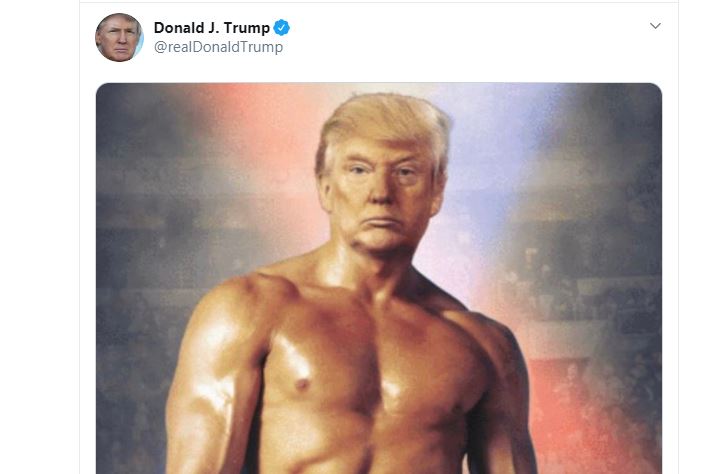 Screenshot vom Twitter-Account von Donald Trump, zeigt den Kopf des US-Präsidenten, der auf dem muskelbepackten Torso des Filmboxers Rocky Balboa montiert wurde Screenshot vom Twitter-Account von Donald Trump, zeigt den Kopf des US-Präsidenten, der auf dem muskelbepackten Torso des Filmboxers Rocky Balboa montiert wurde