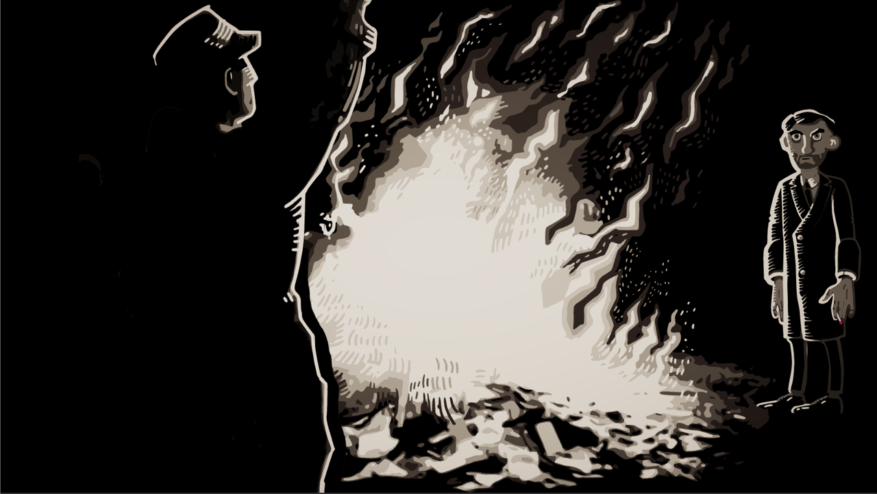 Szene aus dem Computerspiel "Through the Darkest of Times": Darstellung der nationalsozialistischen Bücherverbrennung, neben einem Feuer stehen zwei Männer, einer erhebt die recht Hand zum Hitlergruß. Szene aus dem Computerspiel "Through the Darkest of Times": Darstellung der nationalsozialistischen Bücherverbrennung, neben einem Feuer stehen zwei Männer, einer erhebt die recht Hand zum Hitlergruß.