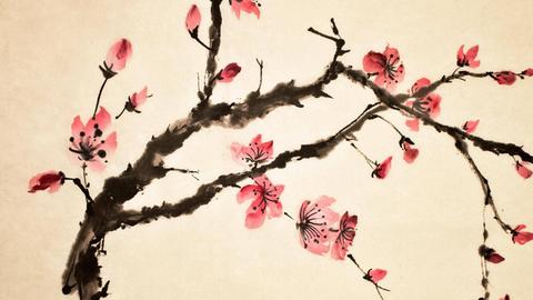 Traditionelles Gemälde eines Zweiges mit Kirschblüten