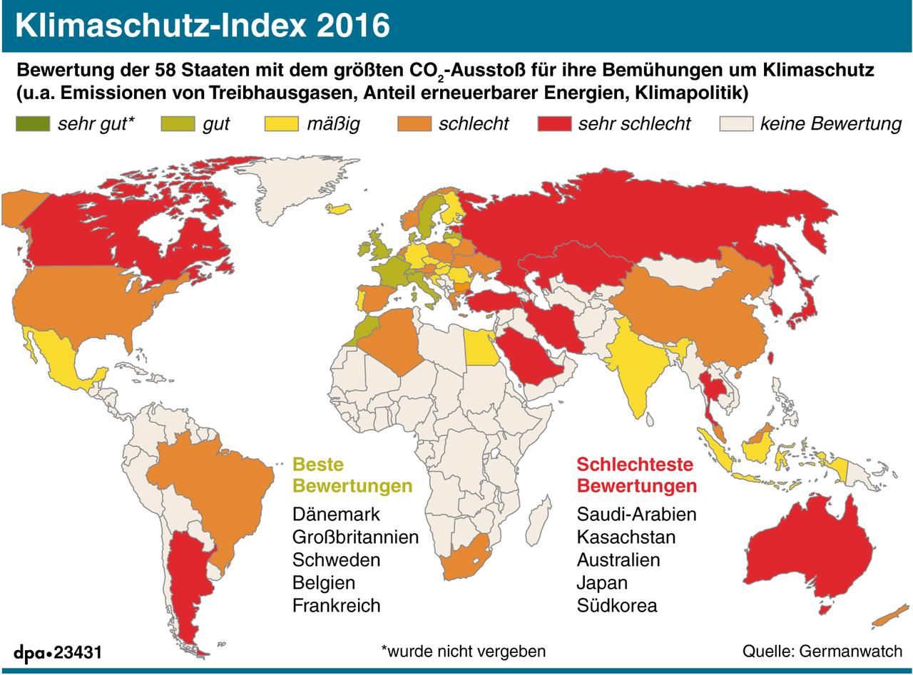 Weltkarte mit dem Klimaschutz-Index 2016. Weltkarte mit dem Klimaschutz-Index 2016.