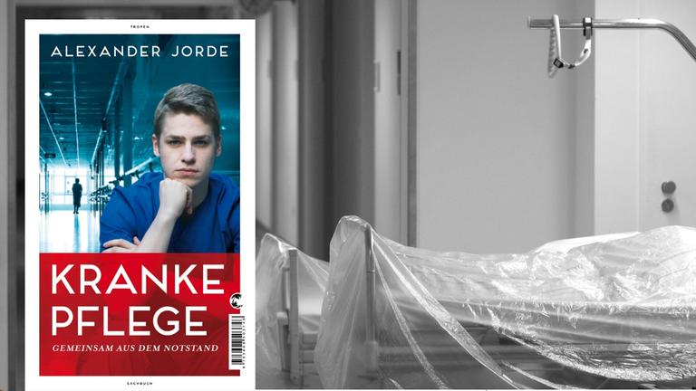 Cover-Collage. Buchcover "Kranke Pflege" von Alexander Jorde, Tropen Verlag. Hintergrundbild: Zwei mit durchsichtiger Folie überzogene Krankenhausbetten stehen auf einem Krankenhausflur. Cover-Collage. Buchcover "Kranke Pflege" von Alexander Jorde, Tropen Verlag. Hintergrundbild: Zwei mit durchsichtiger Folie überzogene Krankenhausbetten stehen auf einem Krankenhausflur.