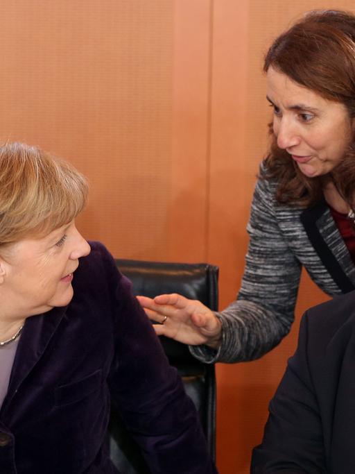 Bundeskanzlerin Angela Merkel (CDU, l-r), die Beauftragte der Bundesregierung für Migration, Flüchtlinge und Integration Aydan Özoguz (SPD) und Kanzleramtsminister Peter Altmaier (CDU) unterhalten sich am 03.02.2016 vor Beginn der Kabinettssitzung im Bundeskanzleramt in Berlin.
