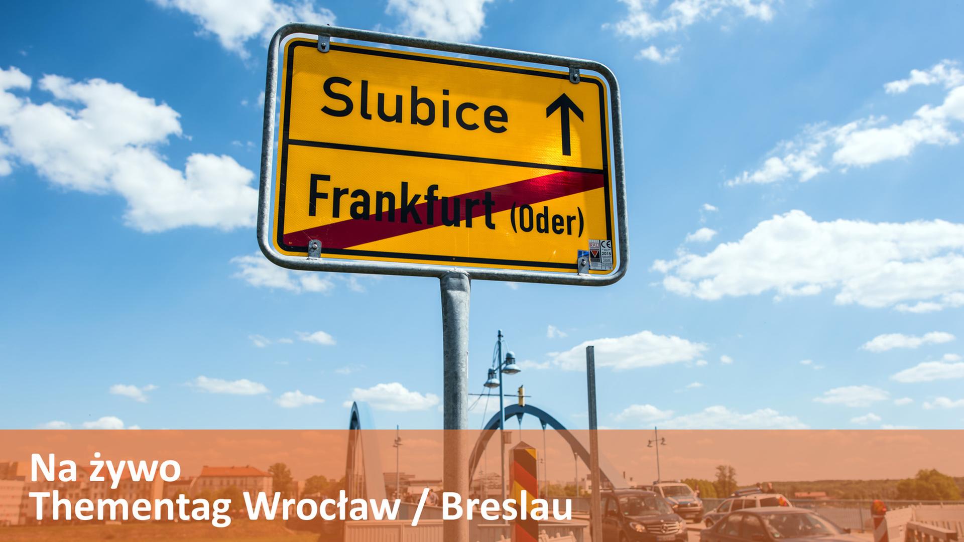 Das Ortsausgangsschild von Frankfurt (Oder) (Brandenburg) am Grenzübergang Stadtbrücke zur polnischen Nachbarstadt Slubice Das Ortsausgangsschild von Frankfurt (Oder) (Brandenburg) am Grenzübergang Stadtbrücke zur polnischen Nachbarstadt Slubice