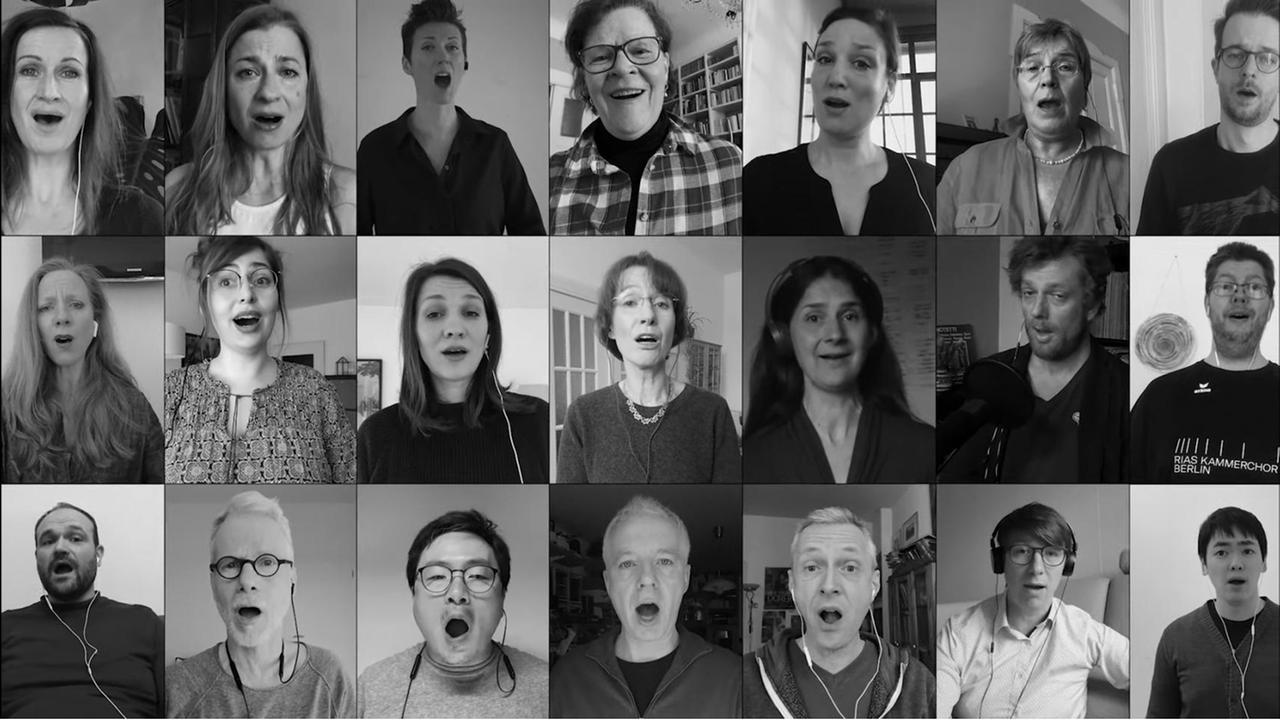 Eine Collage von einzelnen singenden Menschen Eine Collage von einzelnen singenden Menschen