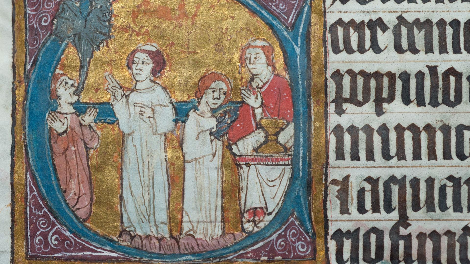Diese Zierinitiale als Deckfarbenmalerei mit Gold zeigt eine Teufelsaustreibung, aufgenommen in Stralsund in einer Handschrift mit dem Titel Liber ordinarius (= Regelungen für liturgische Handlungen) aus dem 15. Jahrhundert Diese Zierinitiale als Deckfarbenmalerei mit Gold zeigt eine Teufelsaustreibung, aufgenommen in Stralsund in einer Handschrift mit dem Titel Liber ordinarius (= Regelungen für liturgische Handlungen) aus dem 15. Jahrhundert