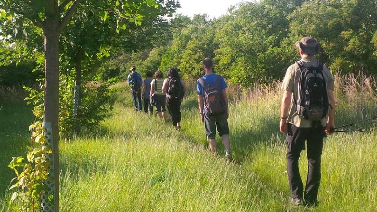 Männer pilgern durch eine grüne Wiesenlandschaft. Männer pilgern durch eine grüne Wiesenlandschaft.